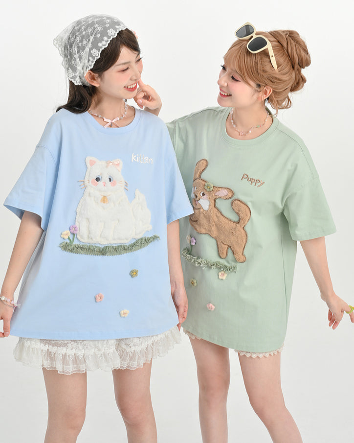 Blue Kitten Patch Embroidery Short Sleeve T-Shirt