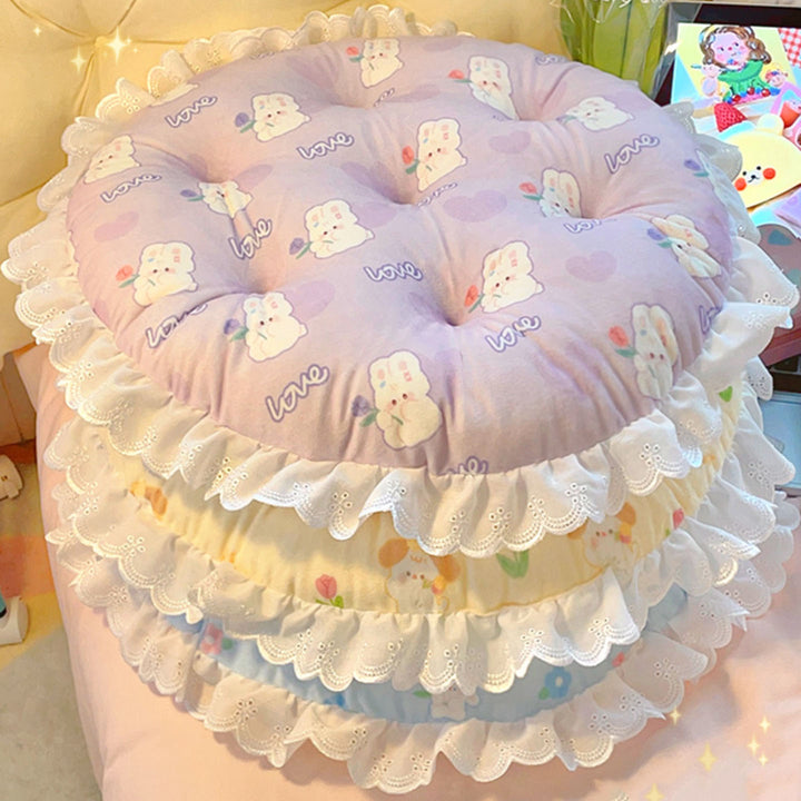Cartoon Animal Flowers lace-edged round cushion