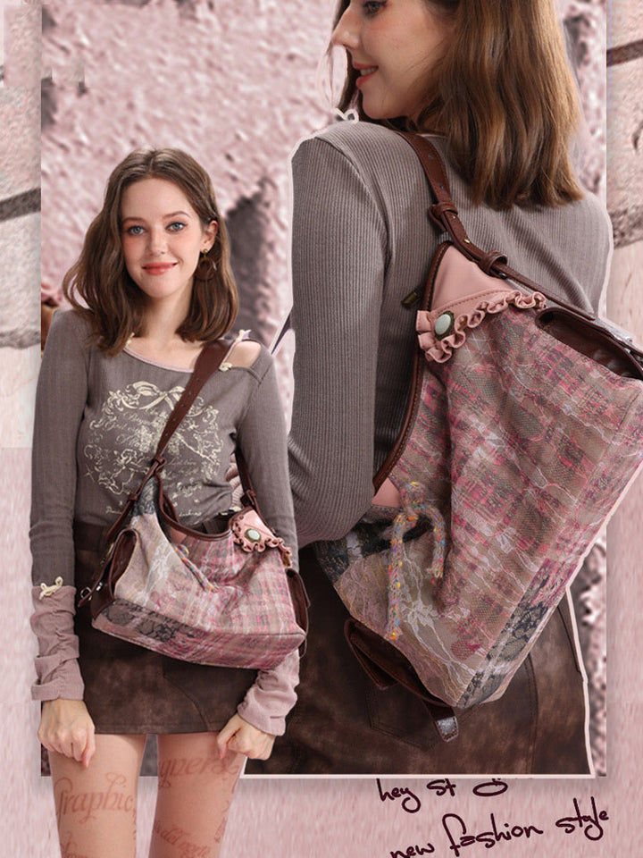 Vintage Plaid Lace Tote Bag