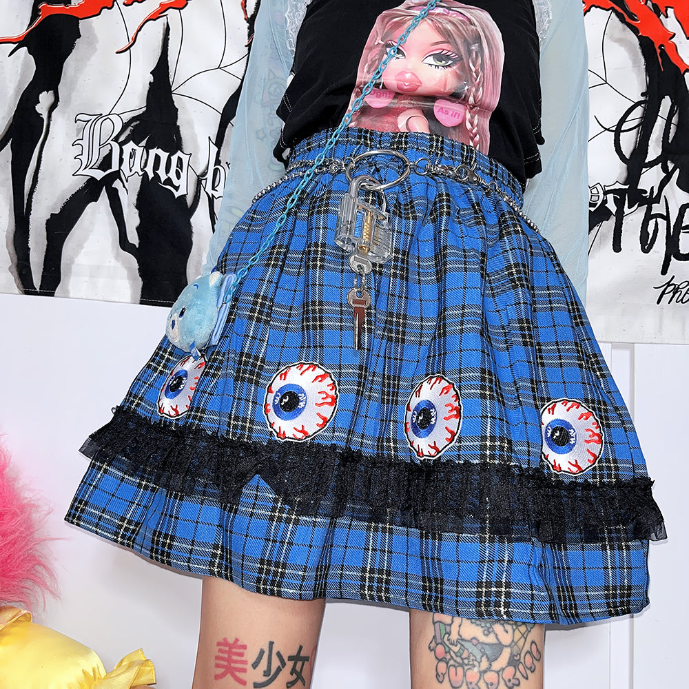 Japanese Harajuku Y2K eyeball embroidered plaid punk mini skirt