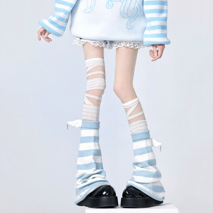 White and Blue Striped Angel Thigh High Garter Stockings