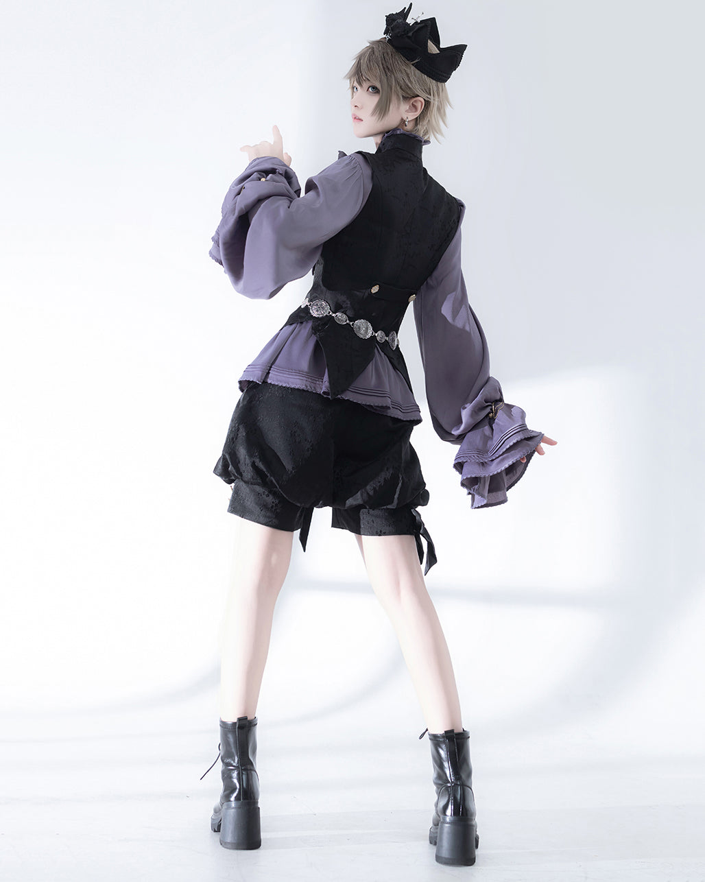 Elegant Purple Blouse with Large Bow and Ruffle Sleeves