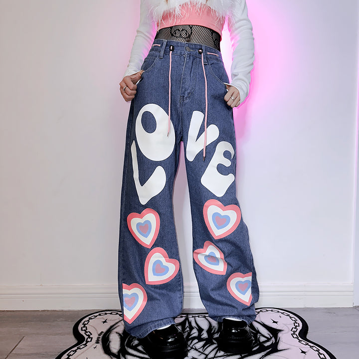 Japanese Letter and Heart Design Street Style Loose Hip-hop Jeans