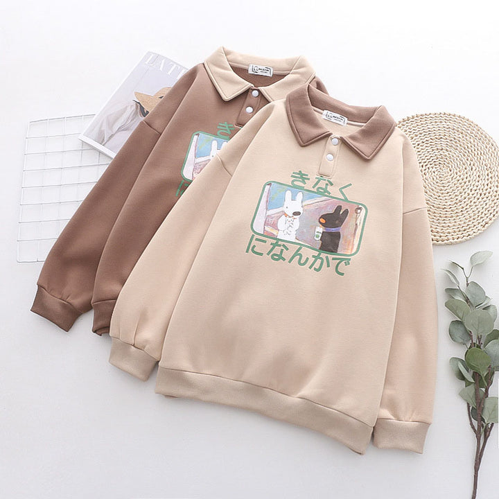 Cartoon Rabbit Bear Japanese Letters Print Plush Sweatshirt
