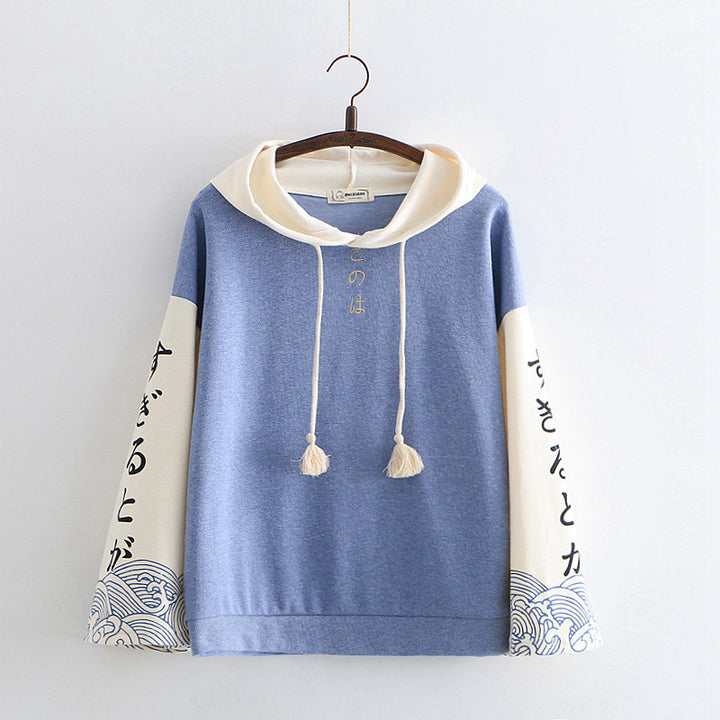 Japanese Style Wave Print Hoodie