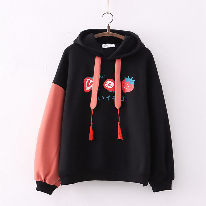 Strawberry Japanese Letter Print Plush Hoodie