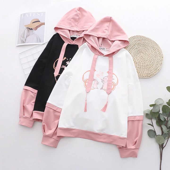 Bunny Sakura Print Loose Hoodie