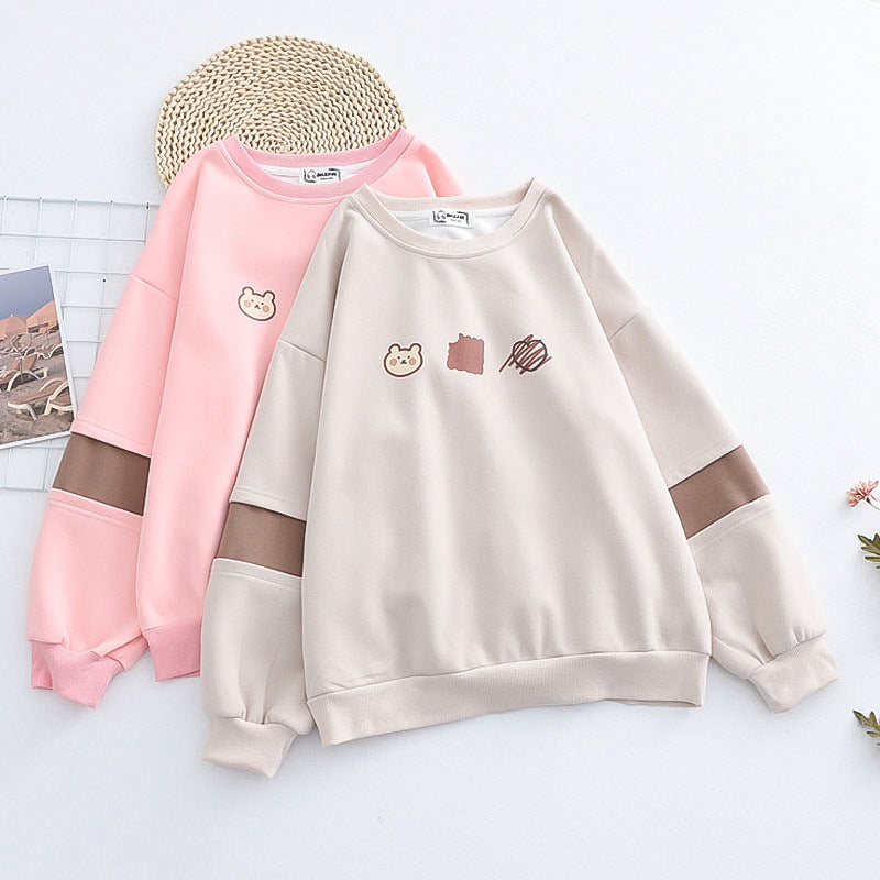 Korean Bear Print Round Collar Hoodie