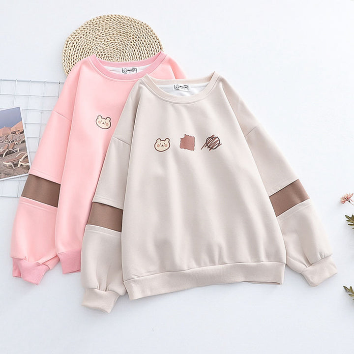 Korean Bear Print Round Collar Hoodie