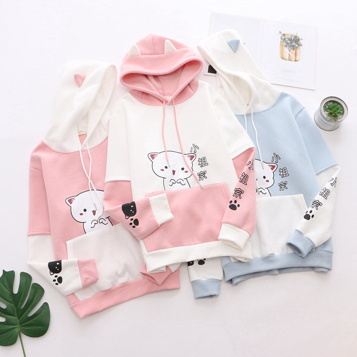 Cartoon Kitty Chinese Print Plush Hoodie with Pocket