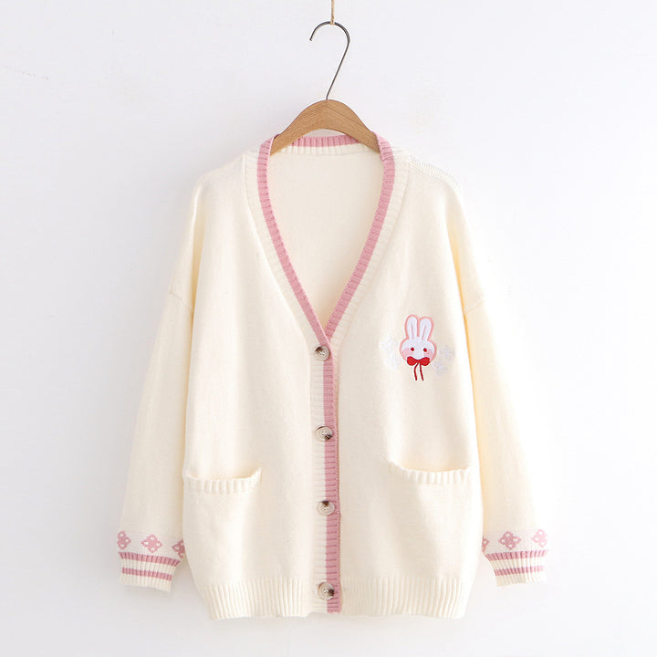 Rabbits Embroidery Cardigan Sweater Long Sleeve