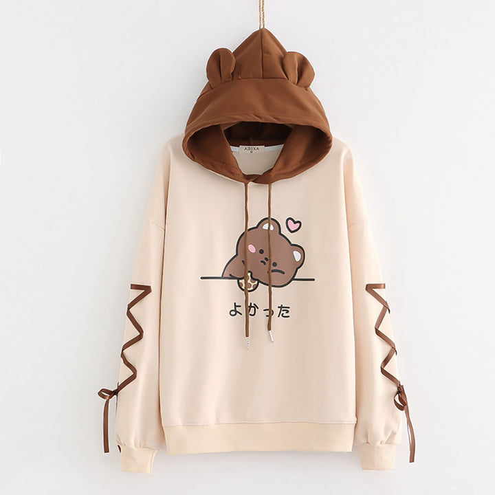 Japanese Letter Bear  Print Ribbon Sleeves Hoodie