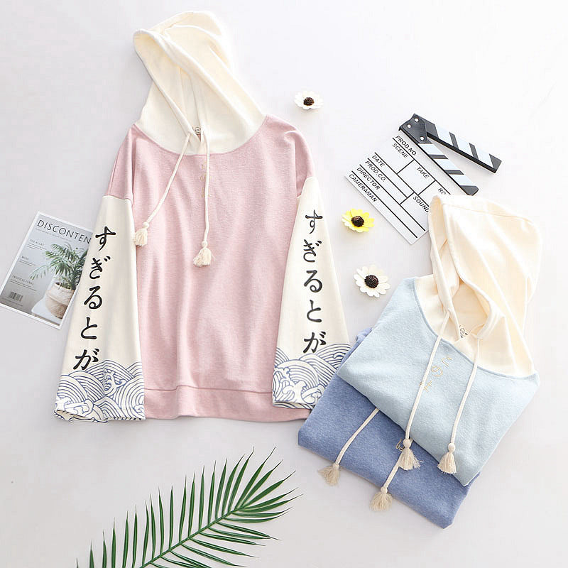 Japanese Style Wave Print Hoodie