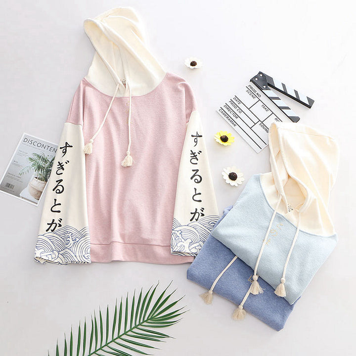 Japanese Style Wave Print Hoodie