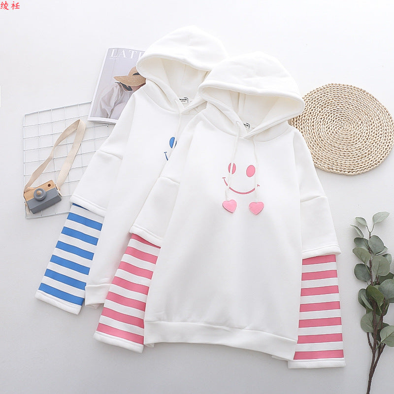 Cute Smiling Face Print Plush Hoodie