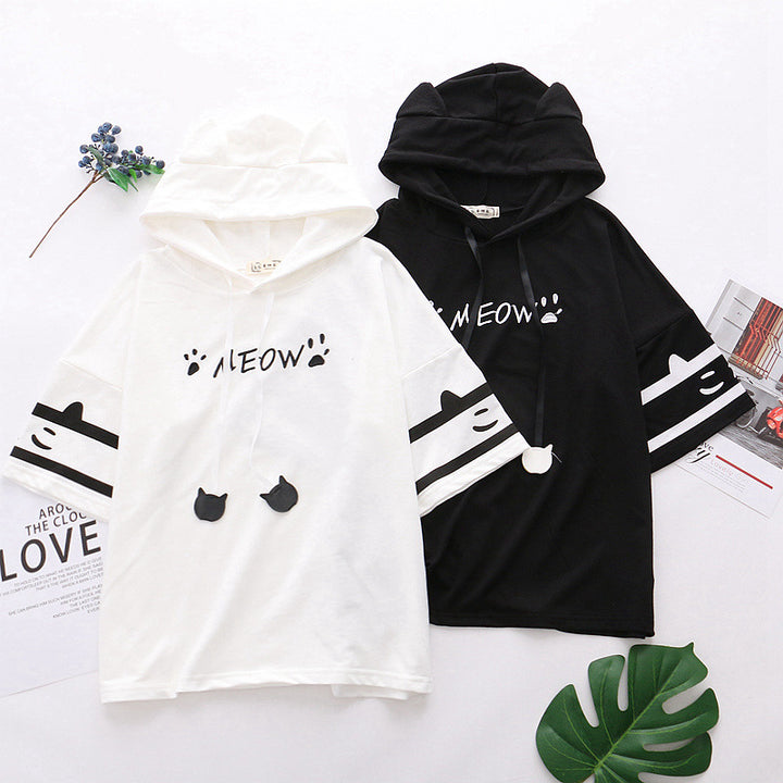 Cat “Meow” Paw Printed Ears Hooded T-shirt