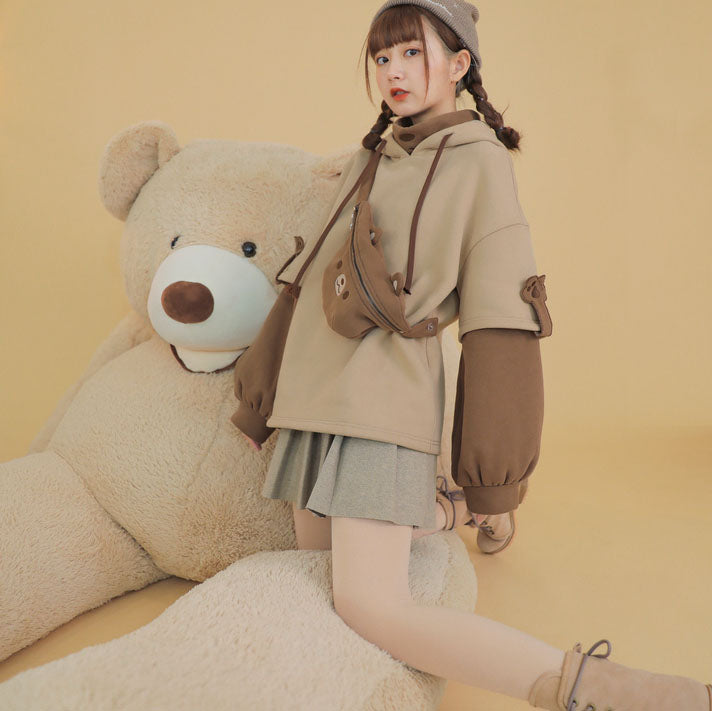 Cute Bear Fake Two-Piece Plush Hoodie