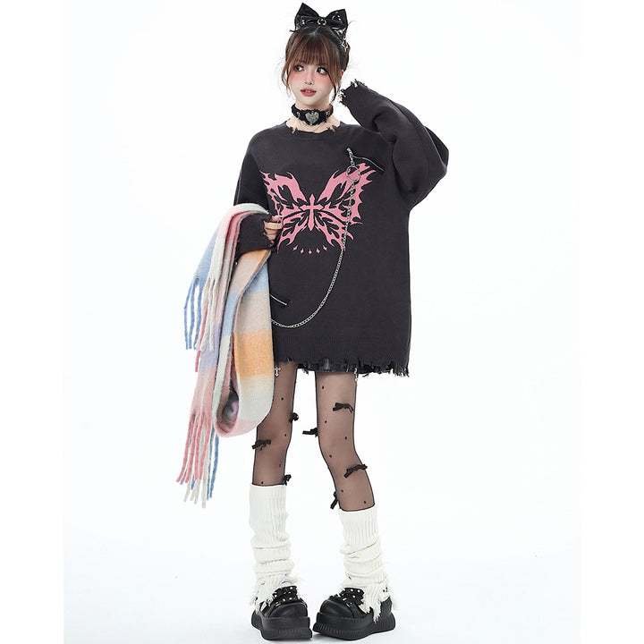 Butterfly Pattern Chain-Decorated Round Neck Knit Sweater