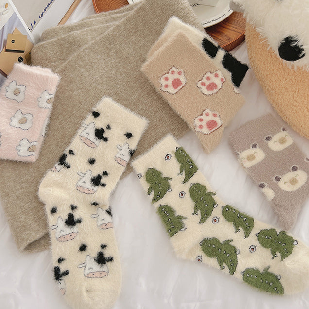 Cute Cartoon Coral Fleece Thickened Winter Socks 2 Pairs/set