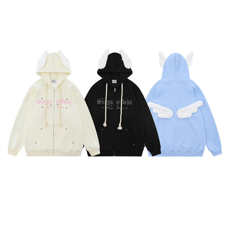 Japanese sweet style angel wing embellished hooded sweatshirt