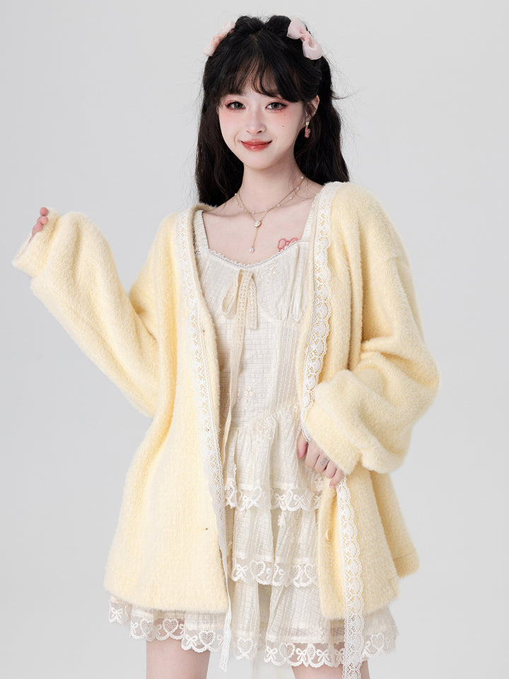 Yellow / Purple Fluffy Mink Wool Cardigan Sweater