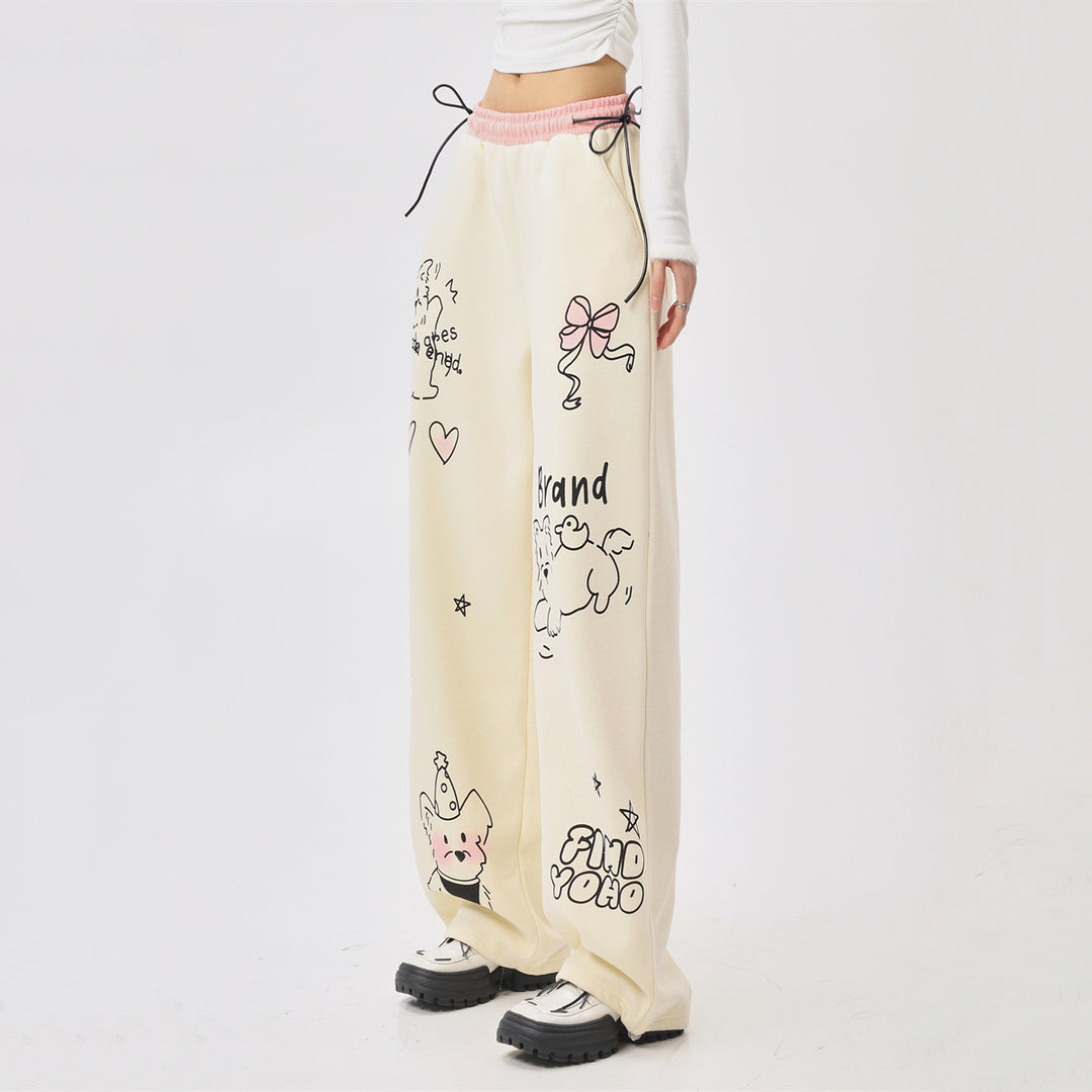 Bow Heart Star Print Straight Leg Casual Pants