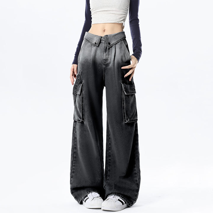 American-style cuffed high-waisted loose straight-leg wide-leg casual jeans