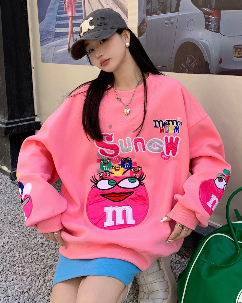 Korean Trendy Fashion Cartoon Embroidered Loose Casual Sweatshirt