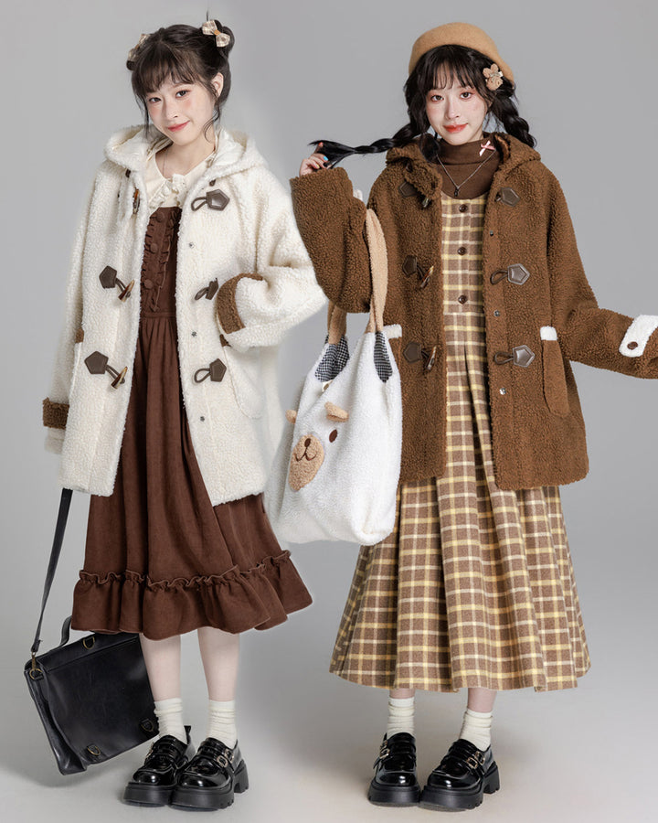 Cozy Brown/Cream White Toggle Shearling Coat