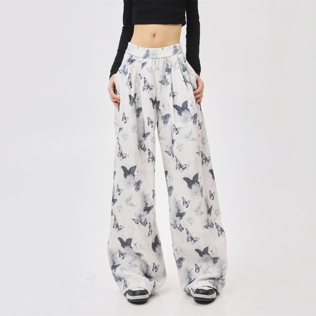 Butterfly Print Casual High-Waisted Loose-Fit Long Pants