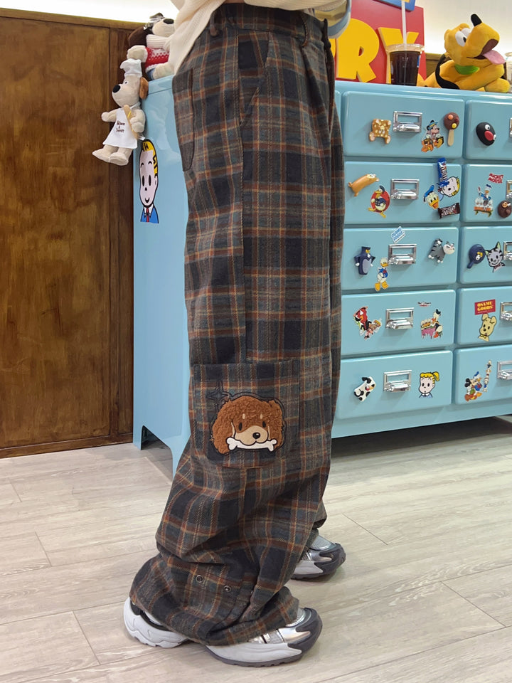 Japanese-style Cute Plaid Woolen Embroidered High-waisted Straight Pants