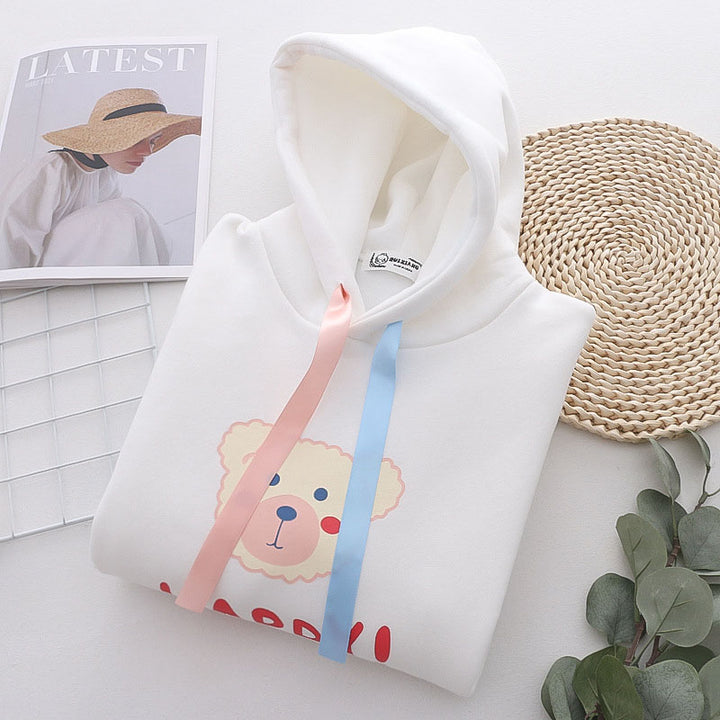 Happy Letter Bear Print Plush Hoodie
