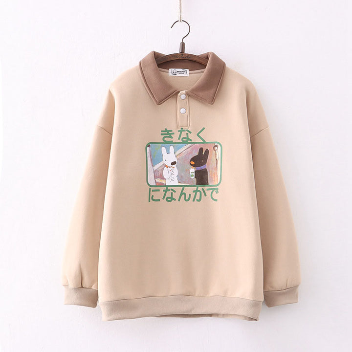 Cartoon Rabbit Bear Japanese Letters Print Plush Sweatshirt