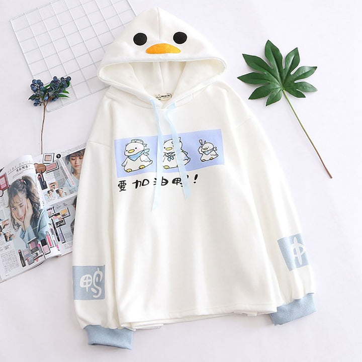 Cartoon Duck Chinese Letter Print White Hoodie