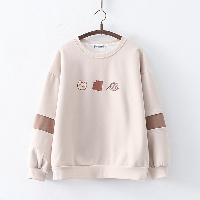 Korean Bear Print Round Collar Hoodie
