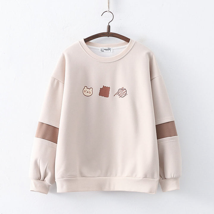 Korean Bear Print Round Collar Hoodie