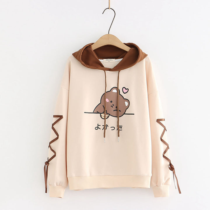 Japanese Letter Bear  Print Ribbon Sleeves Hoodie