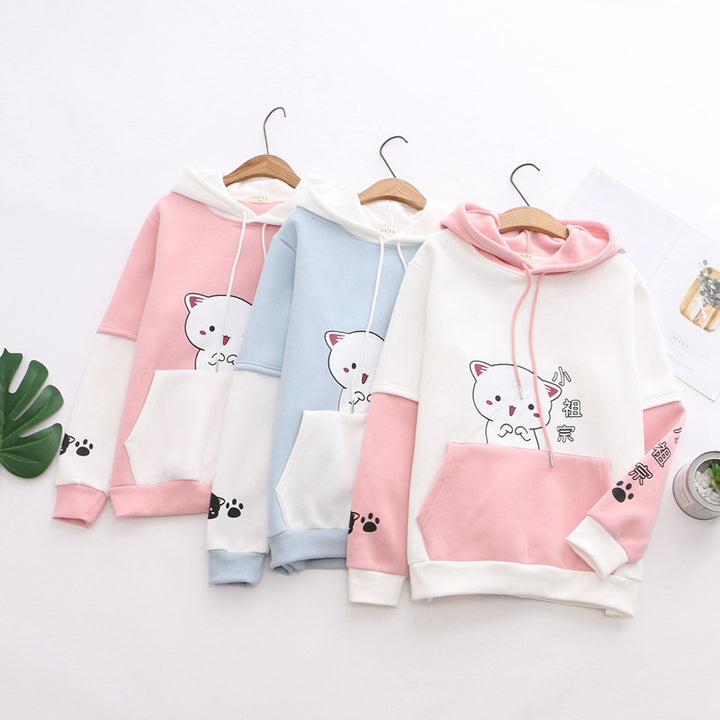 Cartoon Kitty Chinese Print Plush Hoodie with Pocket