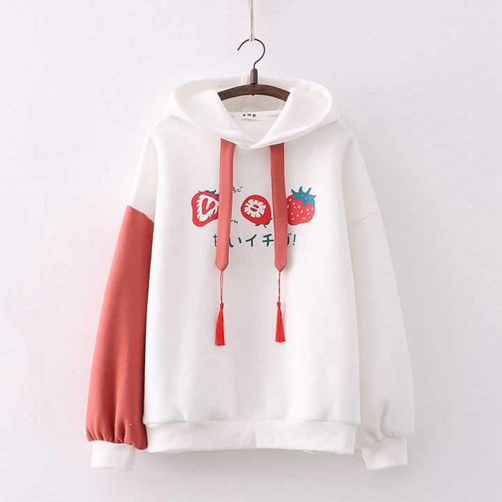 Strawberry Japanese Letter Print Plush Hoodie