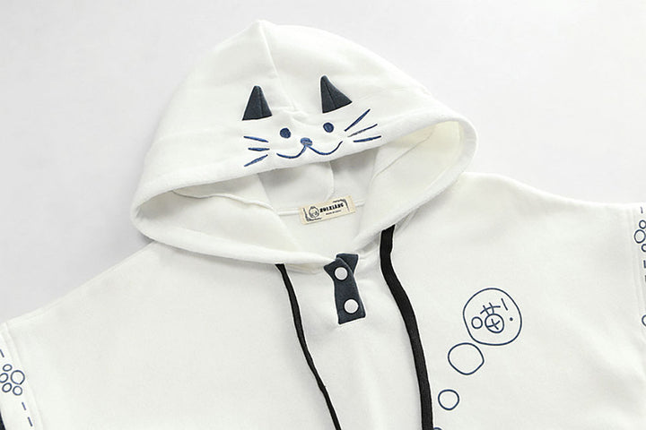 Cartoon Kitty Embroidery Hoodie with Pocket