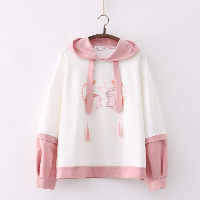 Bunny Sakura Print Loose Hoodie