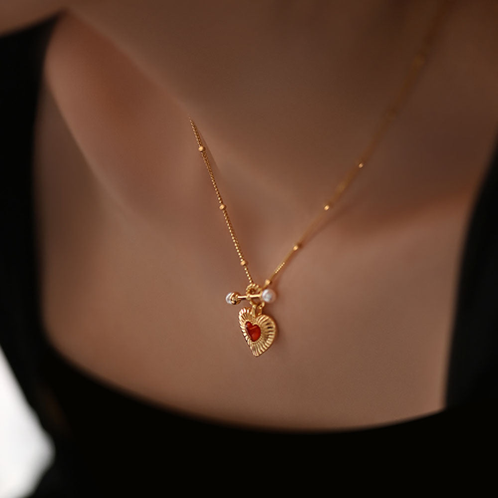 Vintage Silver Pearl Red Agate Heart Necklace