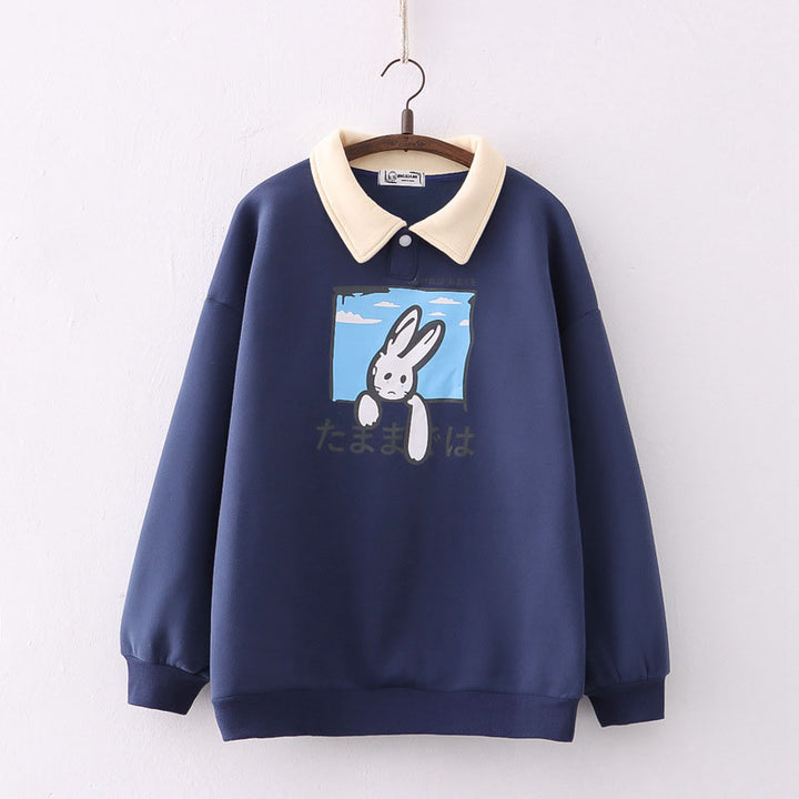 Cartoon Rabbit Japanese Letters Print Plush Sweatshirt