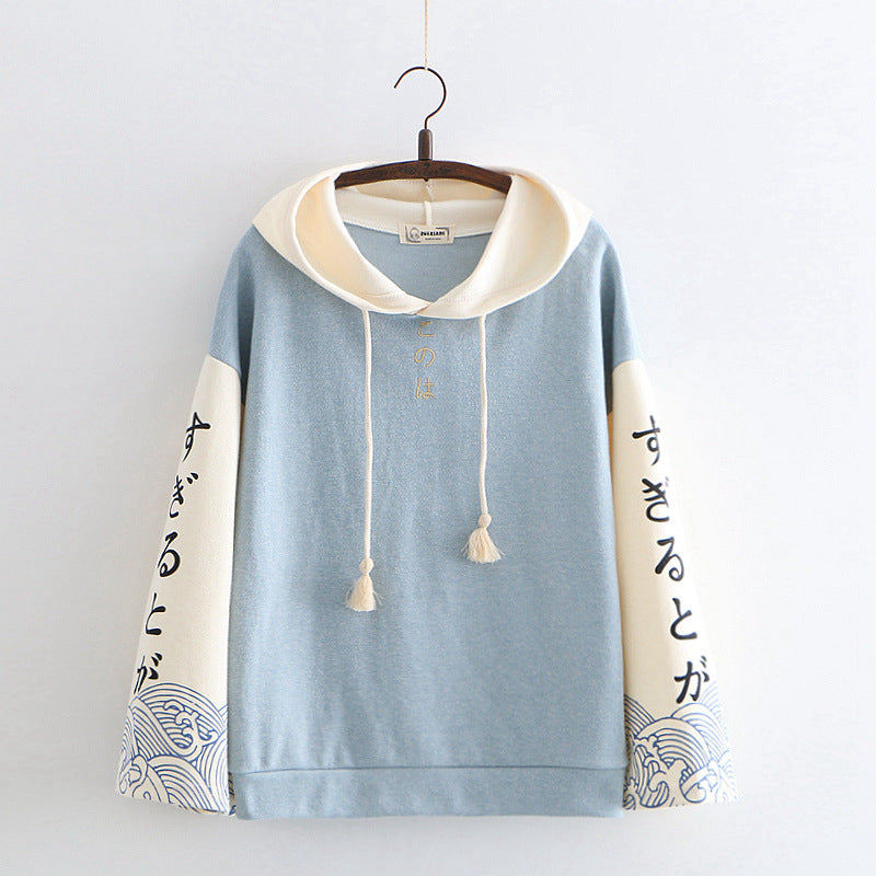 Japanese Style Wave Print Hoodie