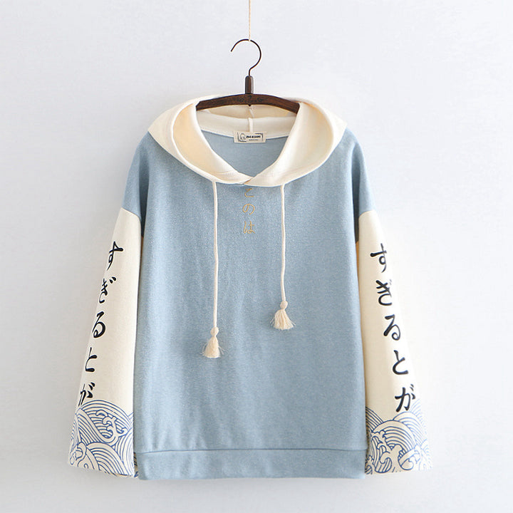 Japanese Style Wave Print Hoodie