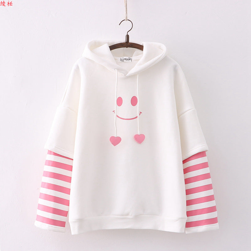 Cute Smiling Face Print Plush Hoodie