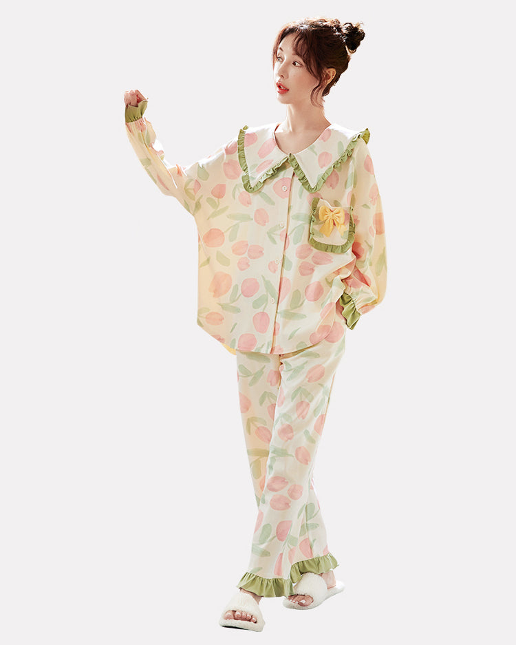 Tulip Printed Spring and Autumn Long Sleeve Cotton Pajama Set