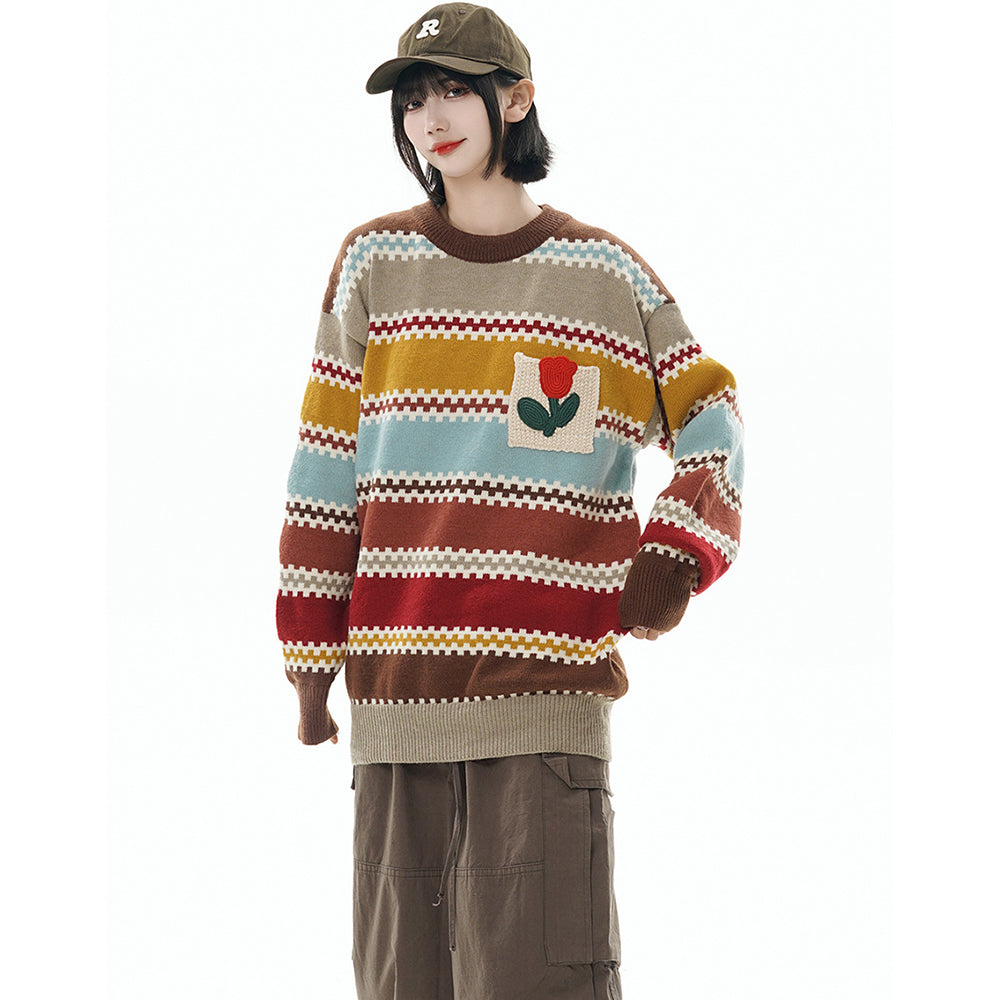 Striped Tulip Round Neck Loose Sweater Knitwear