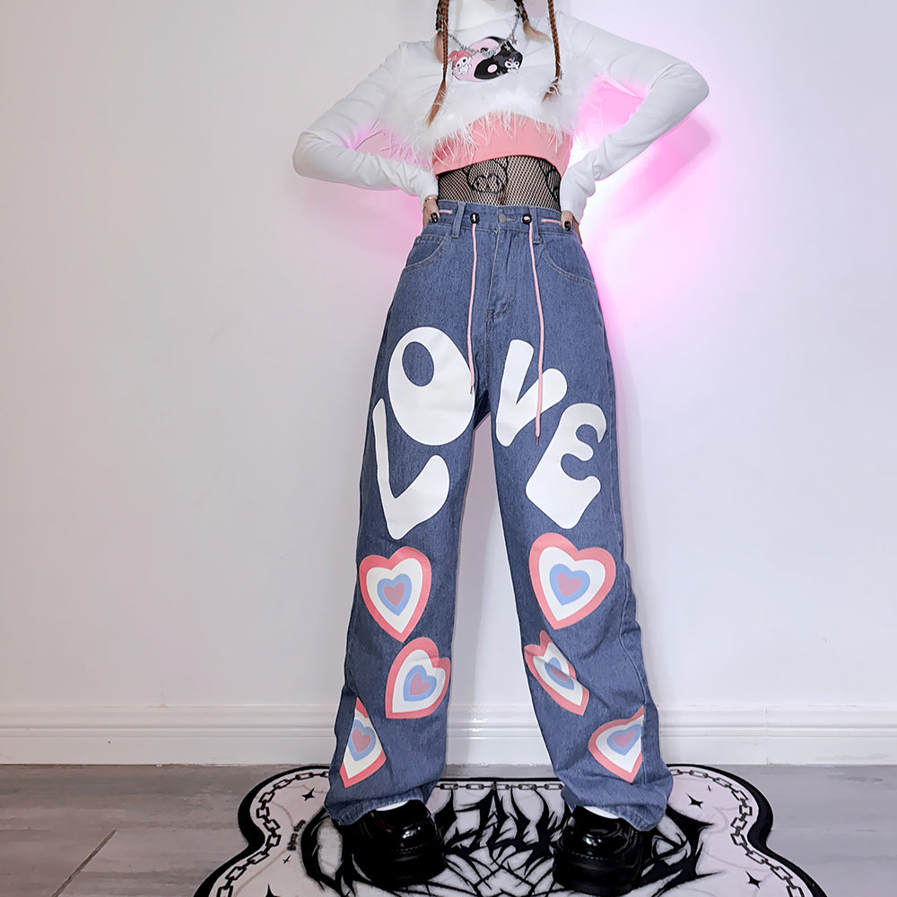 Japanese Letter and Heart Design Street Style Loose Hip-hop Jeans