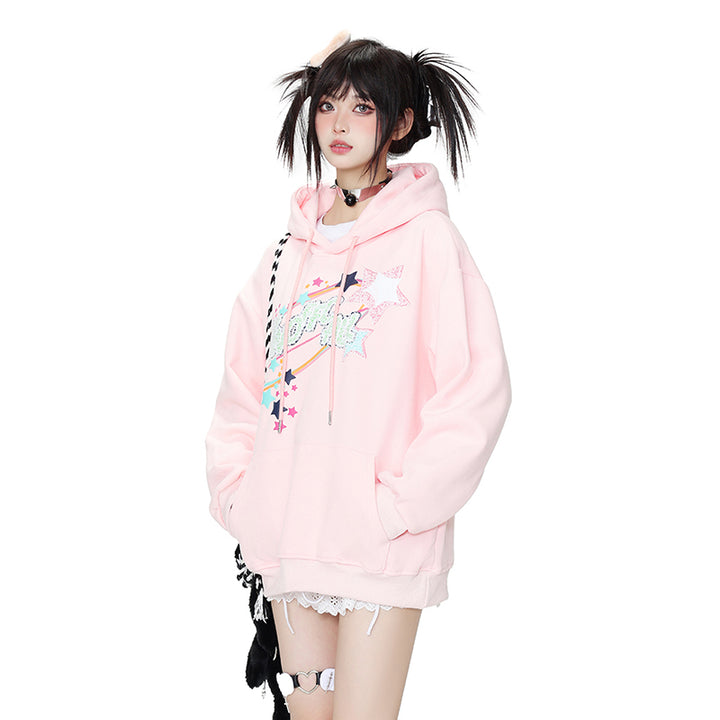 Star-printed hooded loose sweatshirt for spring autumn